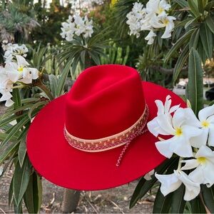 Red Fedora Hat 100% Soft Wool Trimmed With Braided Leather And Vintage Ribbon